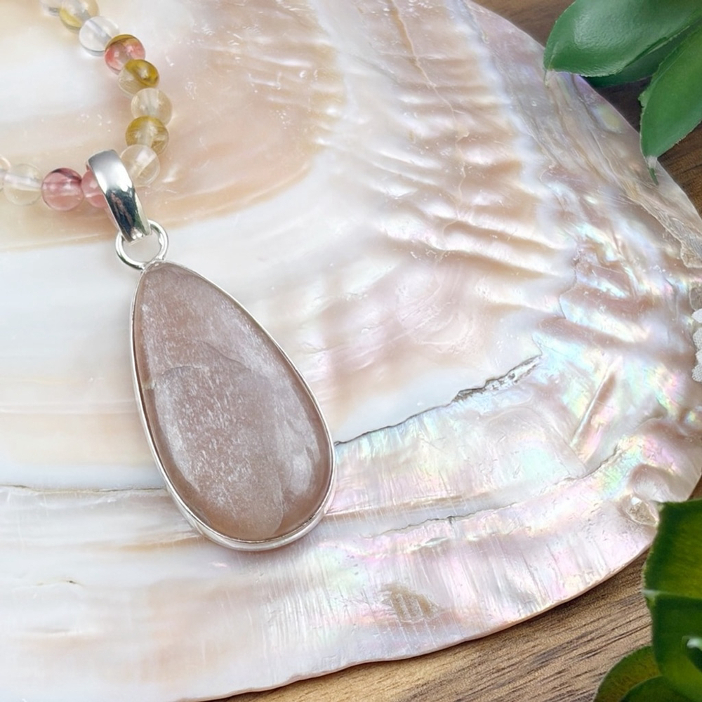 Pure Sterling Silver 925 Peach Moonstone Pendant Cherry Quartz Necklace New